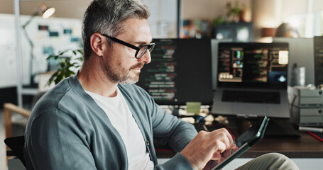 Aufkleber - Programmer, businessman and research on tablet for software, scroll database or development update. Code, digital technology and mature manager design game ui, website and app in creative startup