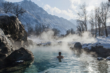 steam rising around relaxed bather in natural hot spring, winter landscape backdrop