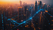 © Teeraphon - Smart digital Innovation Business skyscrapers in the Financial District with connection network reciprocity over the cityscape. of future smart wireless digital city and social media networking