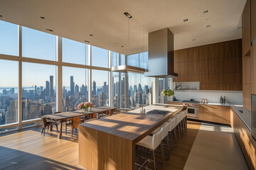 Wall Mural - Spacious modern kitchen with wooden cupboards, Minimalist design with natural light