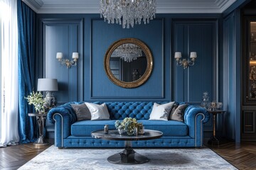 Wall Mural - A luxurious living room with a blue tufted sofa, a round mirror, and a crystal chandelier.