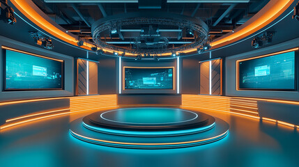 News Virtual set studio for footage Realize vision for a professional studio, Virtual TV Studio News background with a simple setup, a few square feet of space, and Virtual Set 3D Rendering.