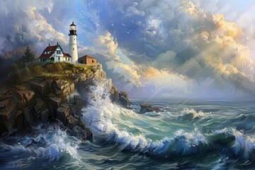 Wall Mural - A lighthouse is perched on rocky cliffs as waves crash dramatically against the shore, illuminated by vibrant clouds during a picturesque sunset.