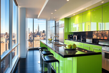 Wall Mural - Contemporary kitchen with green cabinets, black table and bar stools