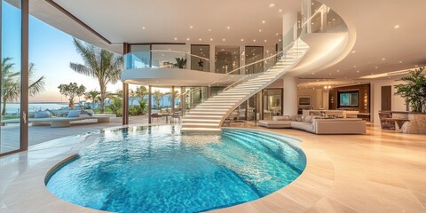 Wall Mural - Modern living room with a curved indoor pool, overlooking the ocean.