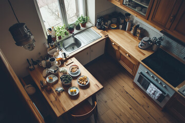 Wall Mural - Top view of home kitchen interior with cooking cupboards and dining table