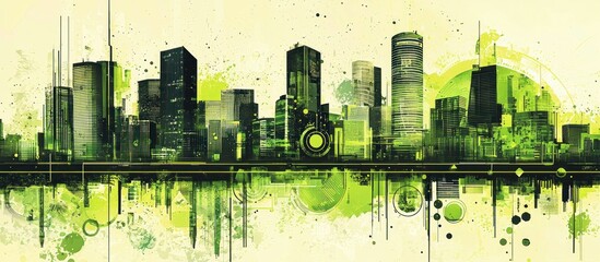 Poster - A cityscape with green and yellow splashes of paint, circles and abstract shapes, and a skyline reflected in the water.