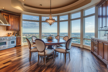 Wall Mural - Elegant kitchen design with natural wood floor, round dining table and large windows