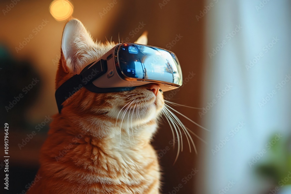Playful ginger cat explores the digital world with vr glasses ...