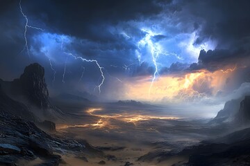 Wall Mural - thunderstorm and lightning cracking over a fiery lava landscape with jagged peaks