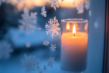 Poster - glowing candle with frosted snowflake decorations on window at sunset