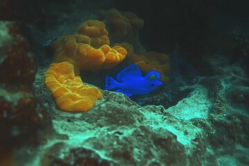 Electric Blue Damsel in Coral Outcrop A neon blue damselfish