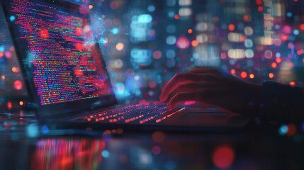 Night City Coder  Hands Typing Code on Laptop  Software Development  Digital  Technology