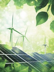 Aufkleber - Solar panels and wind turbines are prominently featured in a minimalistic setting, surrounded by abstract green patterns, representing clean energy. Generative AI