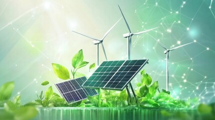 Aufkleber - Renewable energy sources are represented by solar panels and wind turbines amid an abstract green backdrop filled with plant motifs. Generative AI