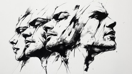 Leinwandbilder - Four distinct faces capture a range of emotions, illustrated with striking black and white ink. The strong shadows enhance their expressive features. Generative AI