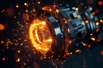 Wall Mural - close-up of electric motorbike engine with glowing elements and sparks