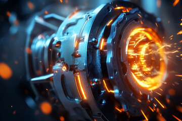 Wall Mural - close-up of electric motorbike engine with glowing elements and sparks