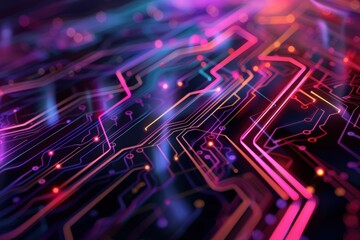 Poster - Vibrant circuit board design with colorful lights creating a dynamic visual effect in a modern digital environment