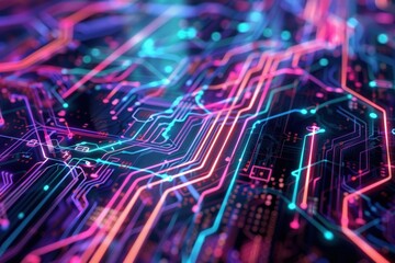 Poster - Vibrant circuit board design with colorful lights creating a dynamic visual effect in a modern digital environment