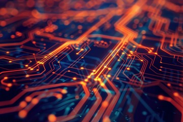 Poster - Vibrant circuit board design with colorful lights creating a dynamic visual effect in a modern digital environment