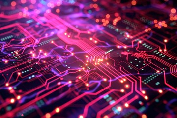 Poster - Vibrant circuit board design with colorful lights creating a dynamic visual effect in a modern digital environment