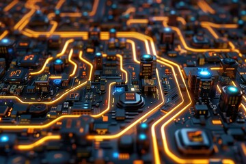 Aufkleber - Abstract depiction of a futuristic circuit board with glowing pathways and complex structures showcasing technology and innovation