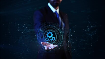 Businessman holding gears automation digital technology solutions, and business process optimization. automation. software development, consulting services innovation. future of work, smart industry
