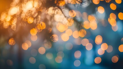 Wall Mural - Festive bokeh lights through pine branches.