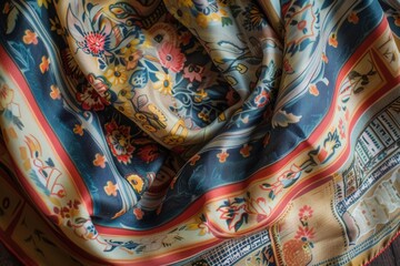 Poster - Delicate silk scarf displaying vibrant floral patterns draped elegantly over a rustic wooden table in soft afternoon light
