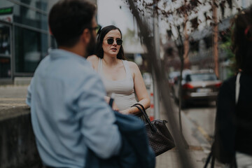 Sticker - Business people in an urban outdoor setting having a conversation. The image captures a casual meeting and communication among colleagues outside a modern city building.