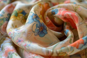Poster - Delicate silk scarf displaying vibrant floral patterns draped elegantly over a rustic wooden table in soft afternoon light