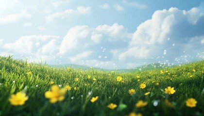 Poster - Yellow Flowers and Dandelion Seeds in a Green Grass Field under a Blue Sky with White Clouds