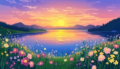 Wall Mural - A serene lake scene with a vibrant sunset and a meadow of wildflowers.