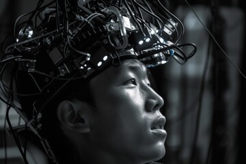 Fototapete - Artificial intelligence concept depicting a human-like head with a complex circuit board brain, illustrating the fusion of technology and humanity in a futuristic design