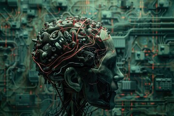 Fototapete - Artificial intelligence concept depicting a human-like head with a complex circuit board brain, illustrating the fusion of technology and humanity in a futuristic design