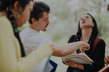 Poster - A group of diverse students gathers outdoors, working together on school assignments in the park. They are discussing, studying, and sharing ideas in a relaxed and natural setting.