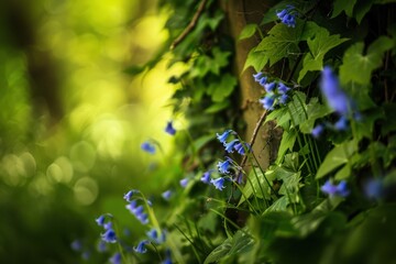 Wall Mural - Bluebell flowers blooming among fresh green foliage in a vibrant forest during springtime