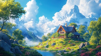 Poster - A charming wooden cabin nestled in a picturesque mountain valley with a flowing stream and vibrant spring blooms.