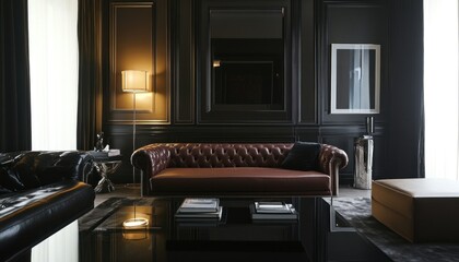 Wall Mural - Luxurious Living Room Interior with Brown Leather Sofa and Black Walls