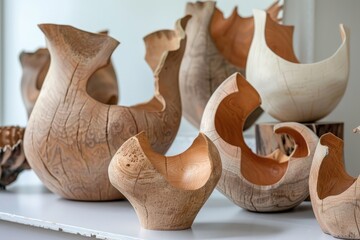 Aufkleber - Unique collection of handcrafted wooden vases showcasing spiral designs, displayed elegantly in a cozy interior setting with natural light