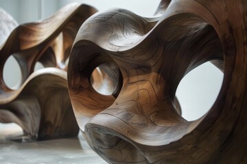 Poster - Unique collection of handcrafted wooden vases showcasing spiral designs, displayed elegantly in a cozy interior setting with natural light