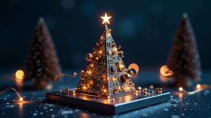 Wall Mural - microchip 3d christmas tree gold with glitter on dark background, it technology, new year, copy space