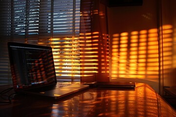 Leinwandbilder - Laptop on a wooden desk with shadows from blinds, creating a calming atmosphere in a creative workspace during the afternoon