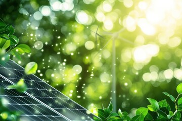 Poster - Solar panels and wind turbines stand out in harmony with vibrant green foliage, showcasing a sustainable energy future under a bright sky. Generative AI