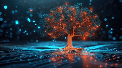Wall Mural - abstract tree with digital circuits, glowing blue and orange lights