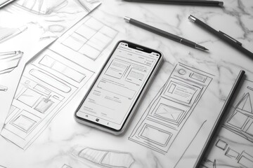 Smartphone with website mockup on screen on a table with hand-drawn website mockups.