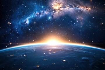 Wall Mural - sunrise over earth and milky way galaxy illuminating the universe