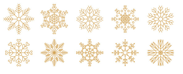 Poster - Snowflakes thin line icon. Christmas or New year winter snowfall symbol. Gold glitter collection. Editable stroke. Vector design elements