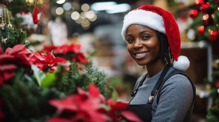 Wall Mural - Festive retail worker in a Santa hat surrounded by holiday decorations